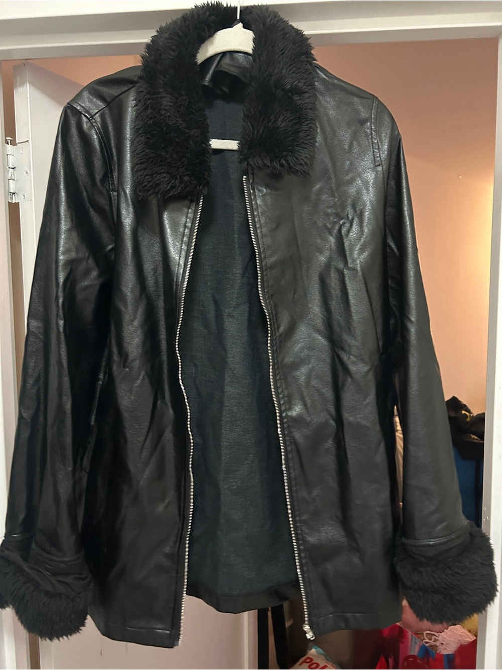Women's Black Faux Fur Collar Leather Jacket